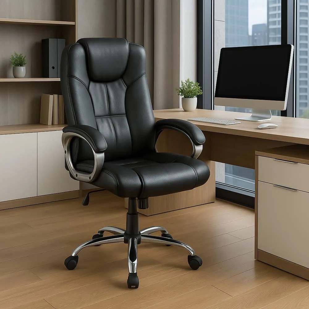 Scaun directorial din piele naturala cu bază cromată OFF 5860 negru