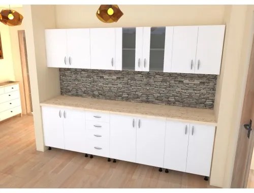 Bucatarie Alfa 2.6 metri PAL alb cu blat Travertin
