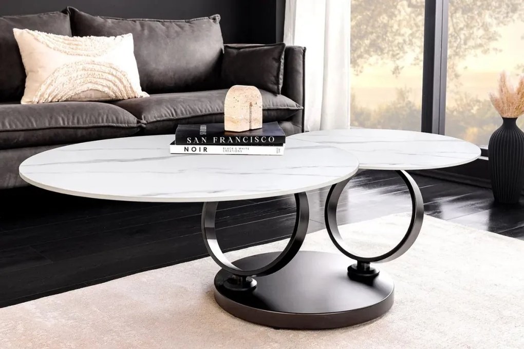 Masuta de cafea moderna cu doua blaturi rotative din ceramica DANCING RINGS 80-135cm