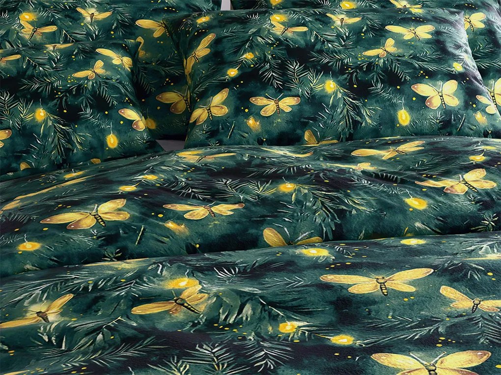 Set Lenjerie cocolino YELLOW BUTTERFLY verde inchis + Cearsaf cocolino microplus cu elastic SOFT 180x200 cm alb, pat dublu