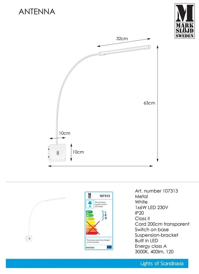 Aplică Markslöjd Antenna 1L, alb