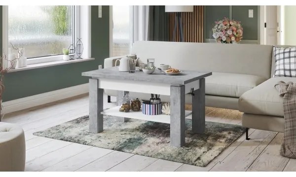 Masă extensibilă ADONIS, pentru living și dining, cu poliță, gri beton/alb