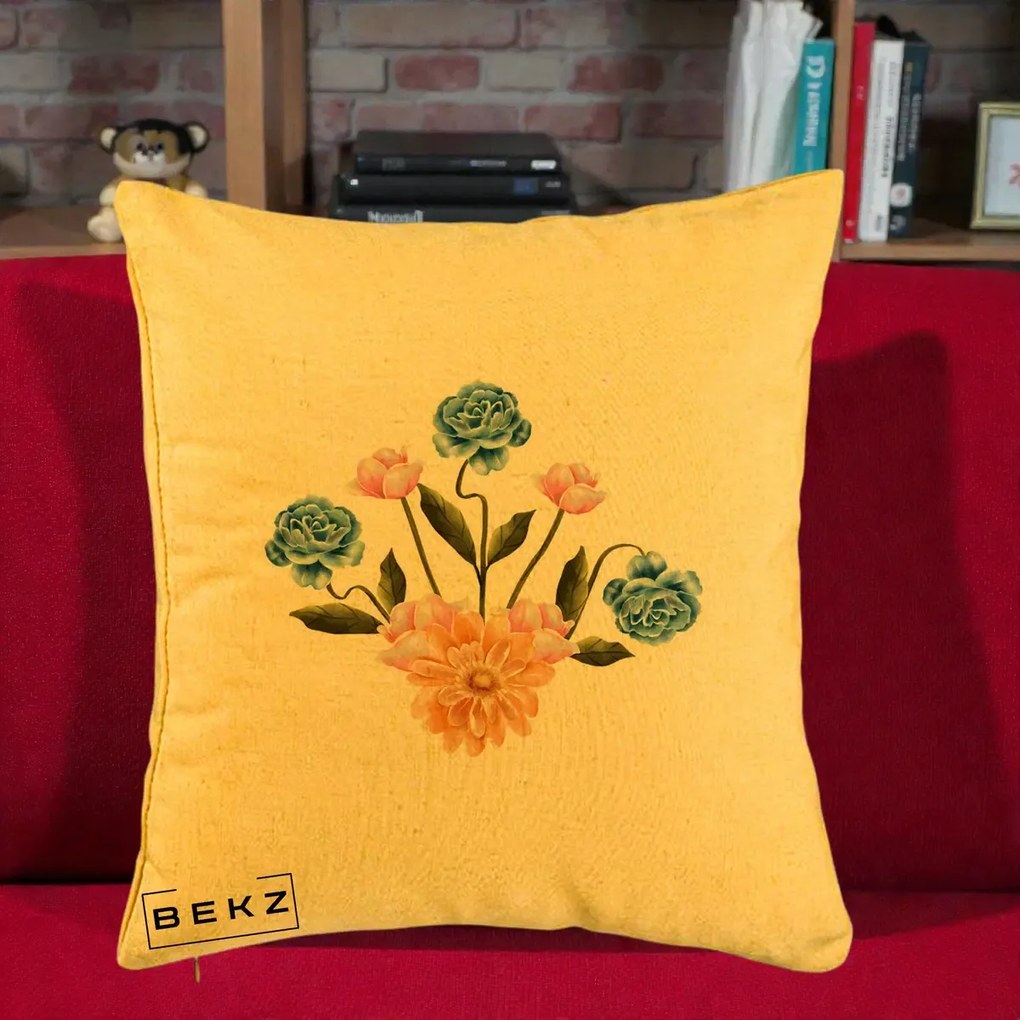 Perna Decorativa Buchet Primavara Acuarela, 40x40 cm, Galben, Husa Detasabila, Perna Inclusa, BEKZ®