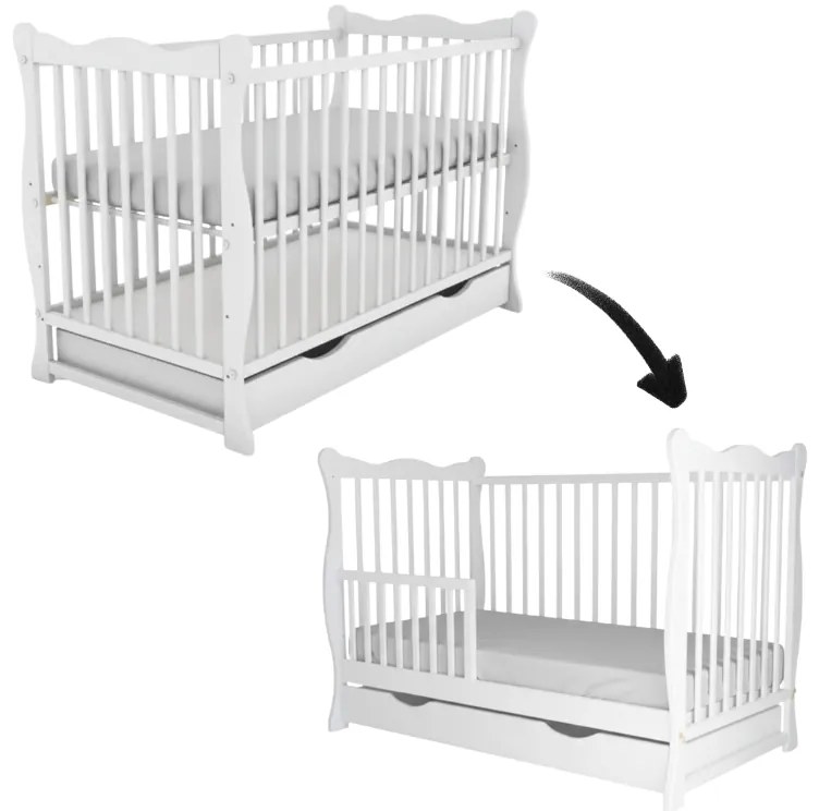 Patut din lemn masiv cu sertar, capac si bariera 120x60 cm Kidizi Isla alb,reglabil pe 3 nivele, certificat EN71