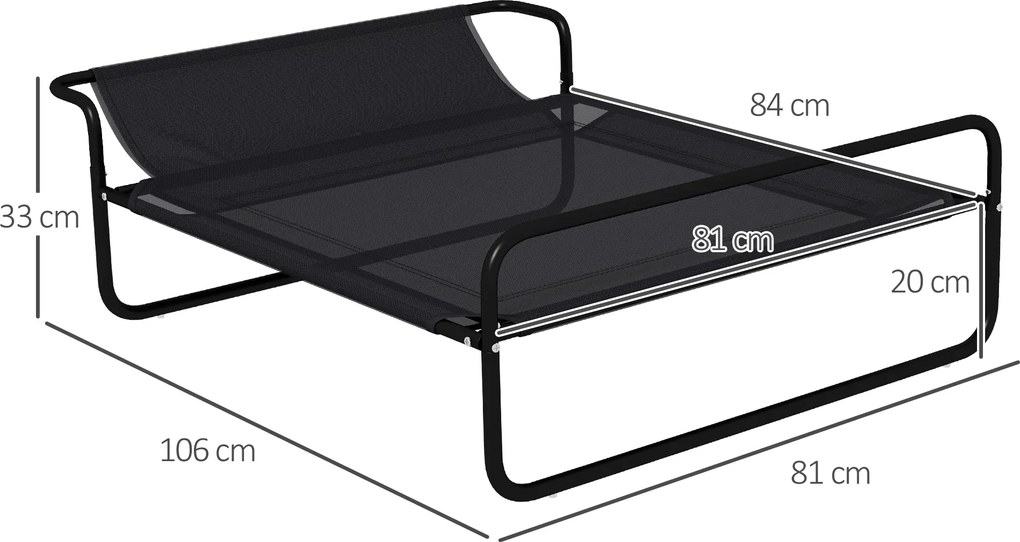 PawHut Pat Ridicat pentru Câini, Pat de Camping pentru Câini și Pisici cu Tetieră, Material Texteline Respirabil, pentru Interior și Exterior, 106 x 81 x 33 cm, Negru | Aosom Romania