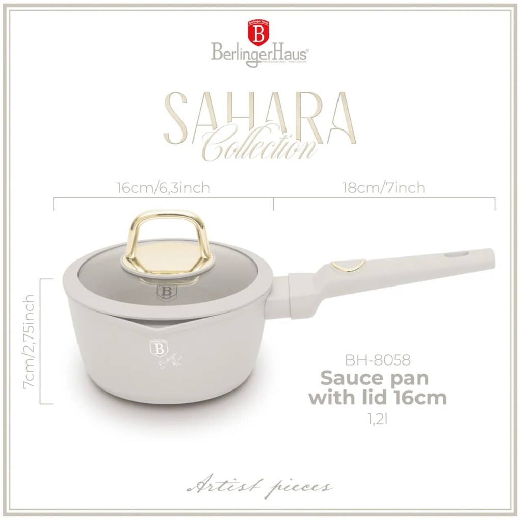 Oală pentru sos cu capac 16 cm, 1.2L – Berlinger Haus Sahara Collection BH 8058, crem, antiaderentă, pentru rețete rapide și încălzire