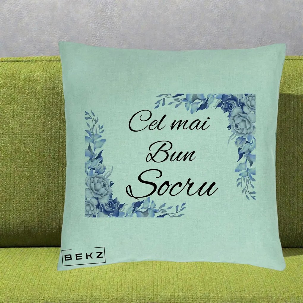 Cadou pentru Socru - Perna Personalizata Cel mai Bun Socru cu Flori Albastre Acuarela, 40x40 cm, Verde Menta, Husa Detasabila, Perna Inclusa, BEKZ®
