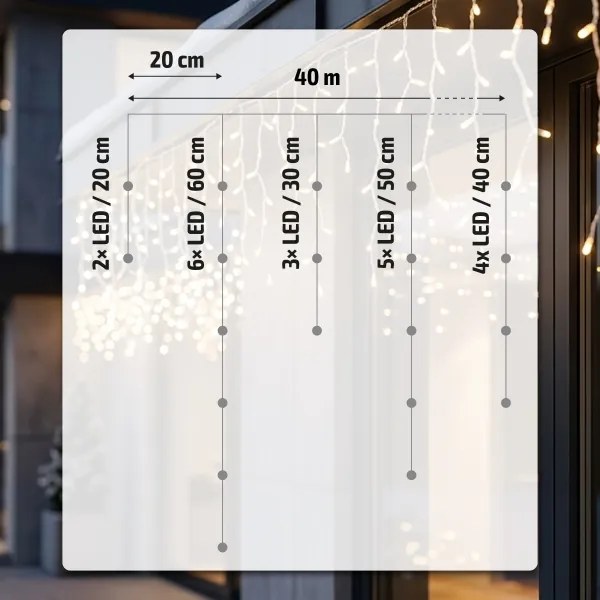 BRILAGI - Instalație luminoasă LED de exterior pentru Crăciun, 800 LED/8 funcții, 43 m, IP44, alb cald, cu țurțuri