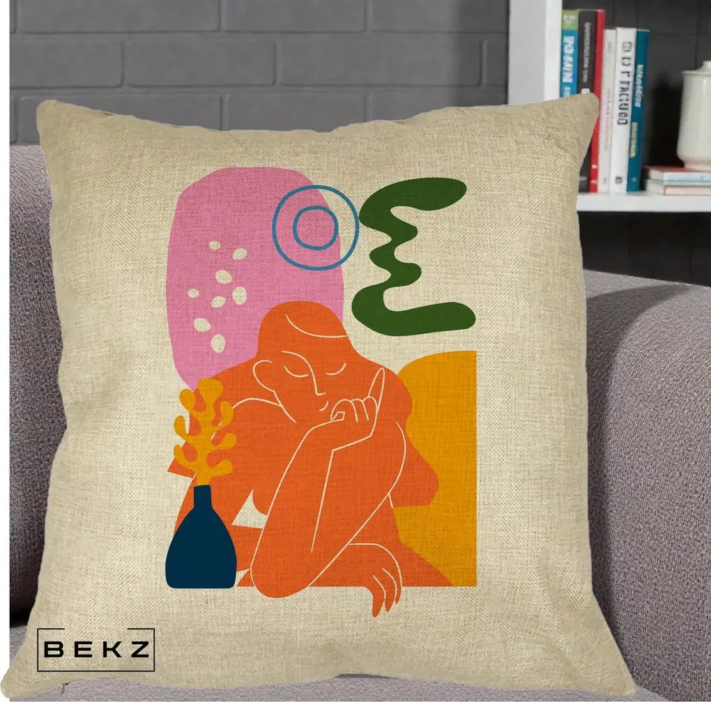 Perna Decorativa Femeie Meditand Abstract, 40x40 cm, Crem, Husa Detasabila, Perna Inclusa, BEKZ®