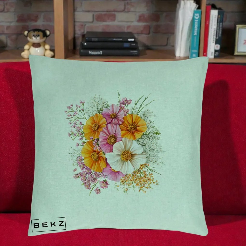 Perna Decorativa Buchet Cosmos Portocaliu Roz si Alb, 40x40 cm, Verde Menta, Husa Detasabila, Perna Inclusa, BEKZ®