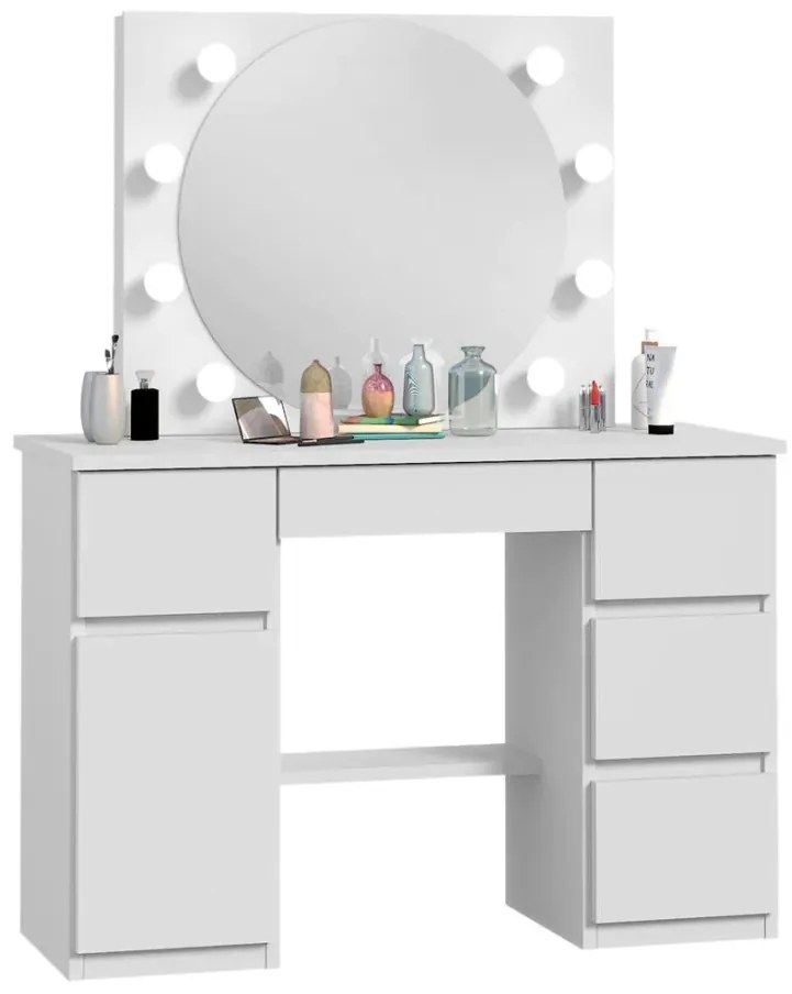 SEA545 - Set Masa toaleta, 120 cm, moderna cosmetica machiaj oglinda, masuta vanity, oglinda 8 LED, cu sau fara Priza, cu sau fara scaun - Alb