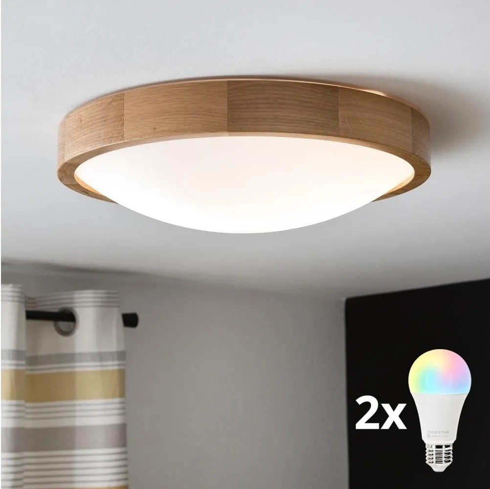 BRILAGI-LED plafonieră dimabilă RGBW CARVALHO SLIM, 2x E27/12W/230V, Wi-Fi, stejar, Ø37 cm