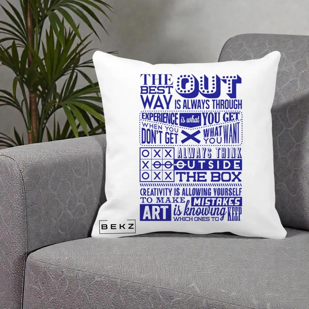 Perna Decorativa Citate Creativitate Albastru, 40x40 cm, Alba Mata, Husa Detasabila, Perna Inclusa, BEKZ®