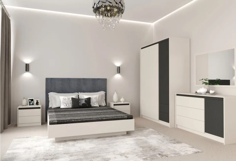 Dormitor cu Riflaje, Monaco, Pat Tapitat cu somiera rabatabila, Dulap 3 Usi 2 Sertare, 2 Noptiere, Comoda 1 Usa 3 Sertare, Casmir/Gri Elegant
