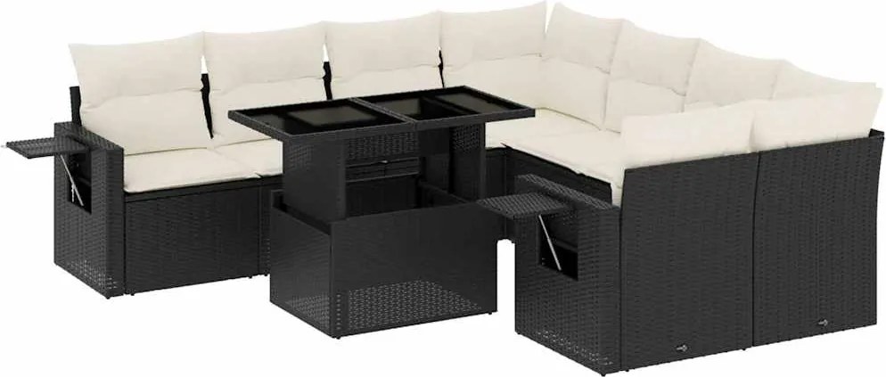 vidaXL Set mobilier de grădină cu perne, 9 piese, negru, poliratan