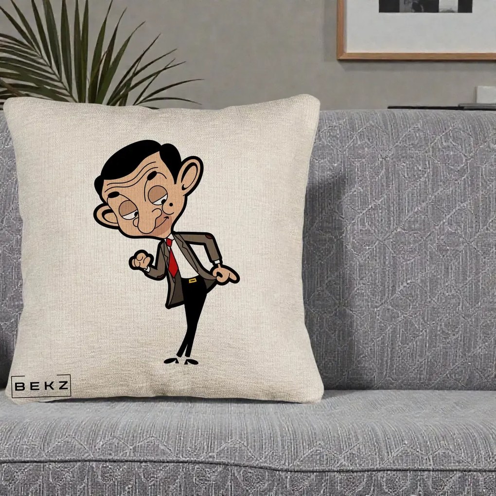Perna Personalizata Mr. Bean Caricatura, 40x40 cm, Bej Canapea, Husa Detasabila, Perna Inclusa, BEKZ®