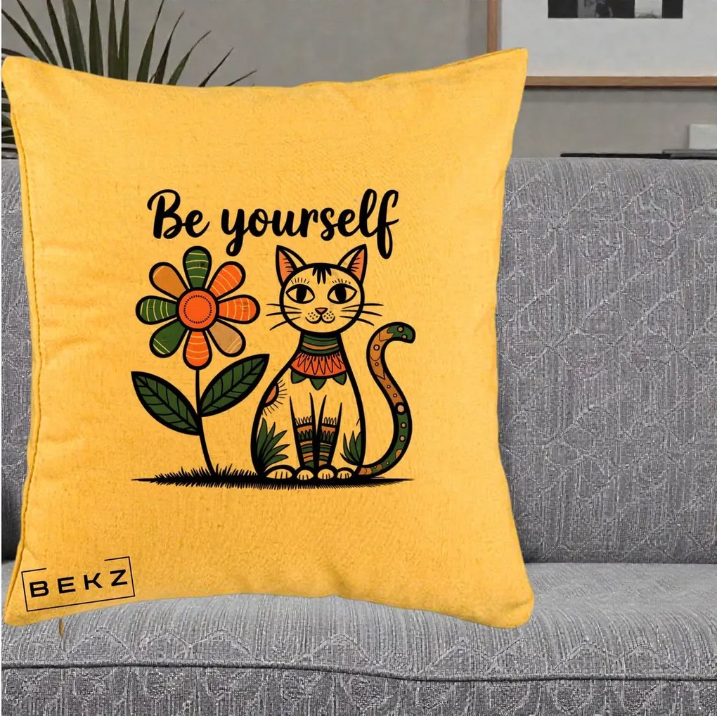 Perna Personalizata Be Yourself Pisica Folk, 40x40 cm, Galben, Husa Detasabila, Perna Inclusa, BEKZ®