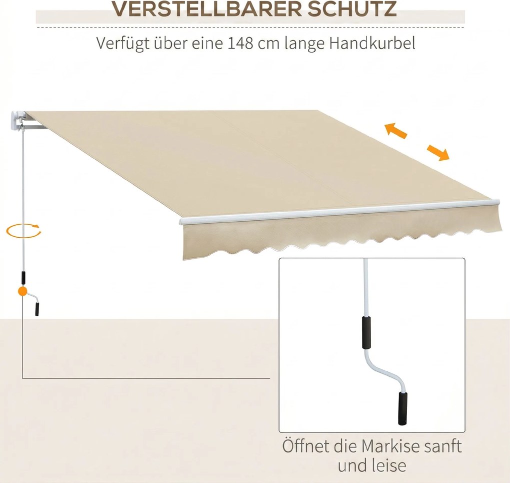 Outsunny Copertină Rabatabilă Exterior, Copertină Extensibilă, Copertină Tip Roll-Up cu Deschidere Manivelă, 350x250 cm, Crem | Aosom Romania
