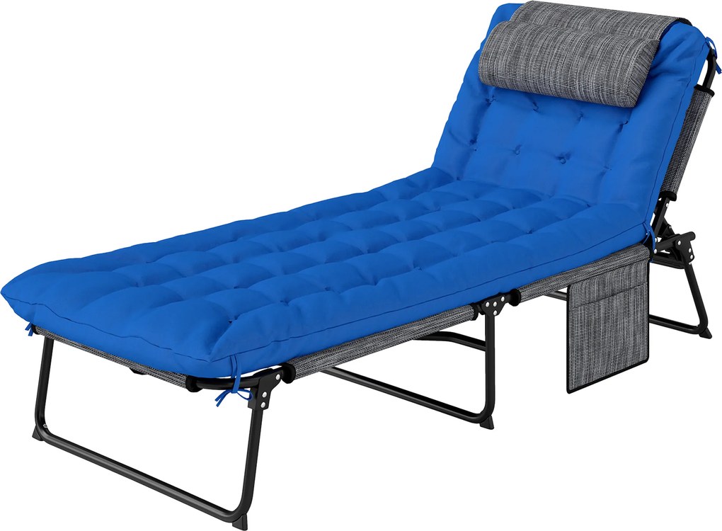 Outsunny Șezlong, spătar reglabil în 4 trepte, pernă, buzunar lateral, tetieră, 68 x 189 x 33 cm, Albastru | Aosom Romania