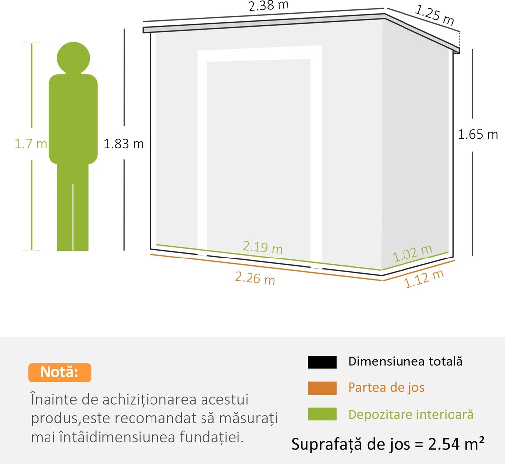 Outsunny Căsuță de Grădina pentru Unelte cu Podea, 2 Uși, Încuietoare și Acoperiș Înclinat, 238x125x183 cm, Gri | Aosom Romania