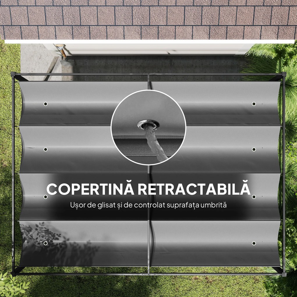 Outsunny Pergolă Gazebo 4x3 m cu Acoperiș Retractabil, Orificii de Drenaj, Țepușe și Șuruburi, Pergolă pentru Grădină din Poliester și Metal, Gri Închis | Aosom Romania