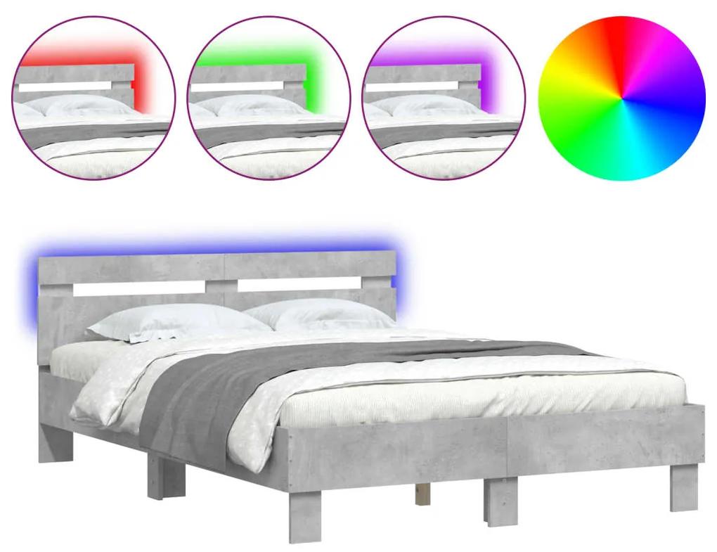 3207570 vidaXL Cadru de pat cu tăblie și LED, gri beton, 135x190 cm