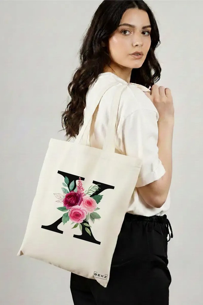 Sacosa de Panza pentru Cumparaturi, Geanta Tote, Cu litera X si Trandafiri, 38x34.5 cm, Alba, BEKZ®