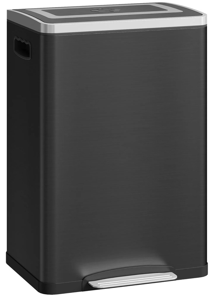 HOMCOM Coș de Gunoi cu 2 Secțiuni de 20L cu Pedală și Capac cu Închidere Moale, din Oțel Inoxidabil și PP, 40x34.8x59 cm, Negru | Aosom Romania