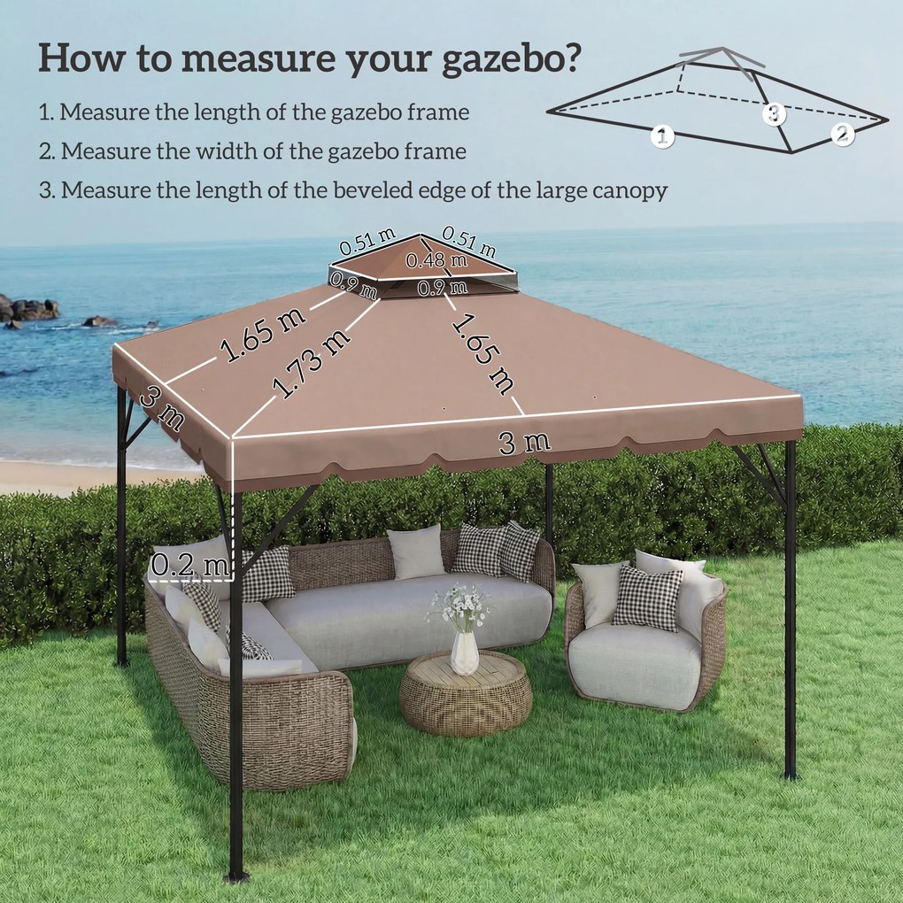 Outsunny Prelată de schimb 3x3 m cu acoperiș dublu Orificii de drenaj și UPF 30+ Doar prelată NU include cadru Kaki | Aosom Romania