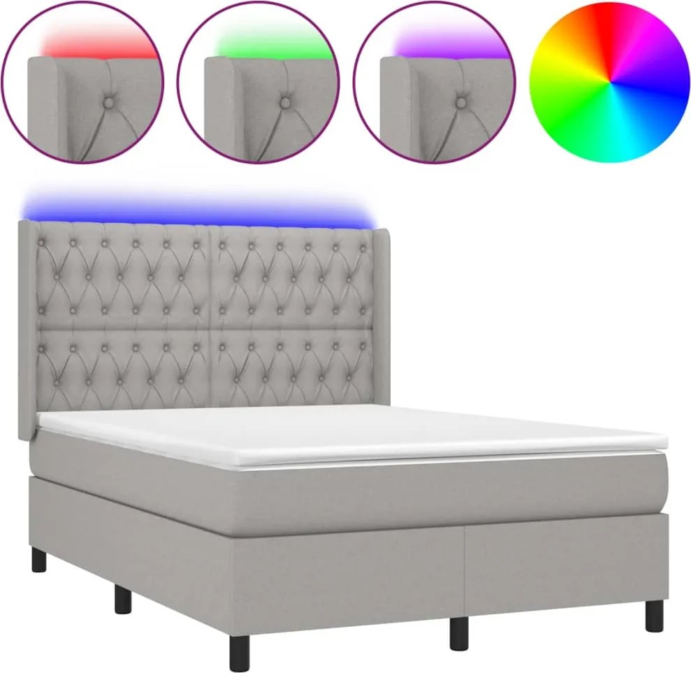 vidaXL Pat cu arcuri, saltea și LED, gri deschis, 140x200 cm, textil