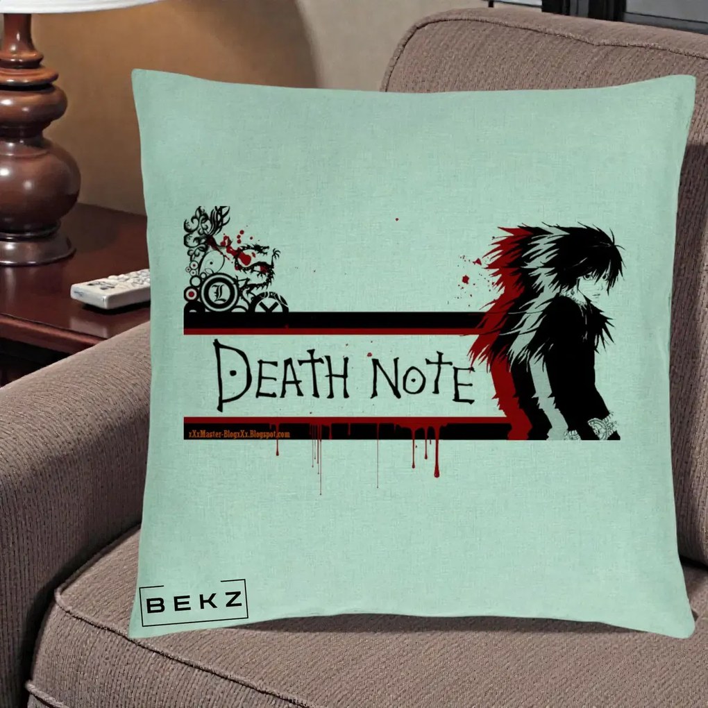 Perna Personalizata Death Note L Lawliet Rosu-Negru, 40x40 cm, Verde Menta, Husa Detasabila, Perna Inclusa, BEKZ®
