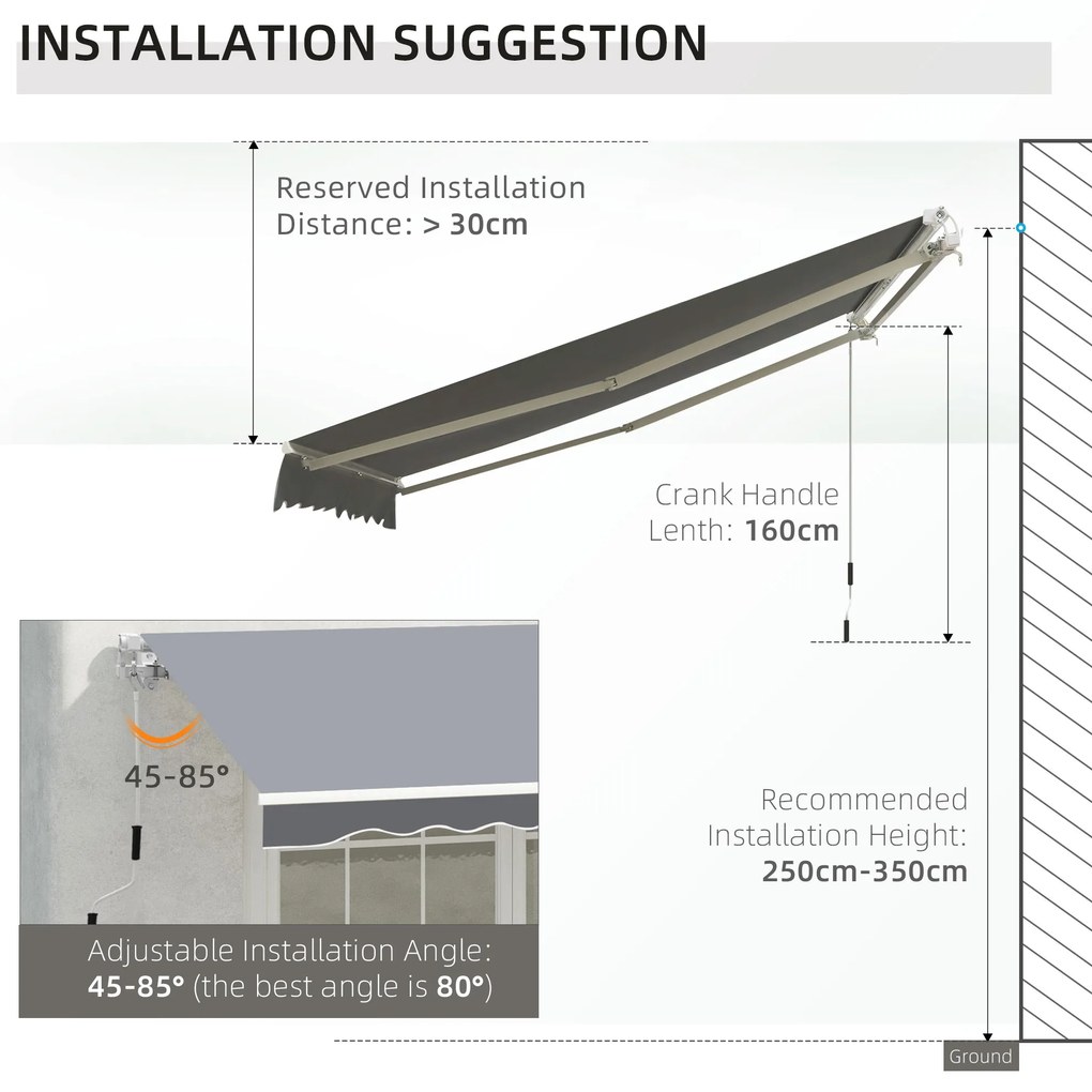 Outsunny Copertină de Soare Retractabilă Manual din Aluminiu și Țesătură Poliester, 2,5x2 m, Gri | Aosom Romania