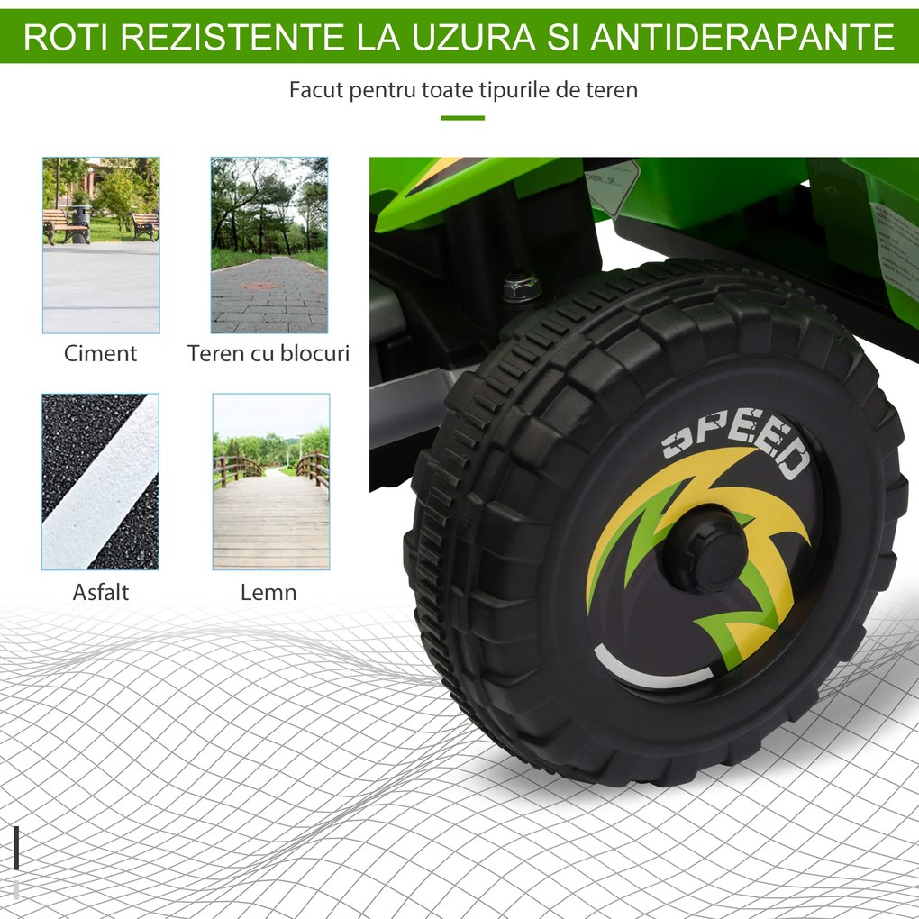 ATV Copii Electric HOMCOM cu Baterie Incarcabila 6V, Viteza 2,8-4,6km/h, Varsta 3-5 Ani, 72x40x45,5cm, Verde | Aosom Romania