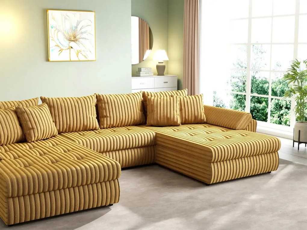 Colțar extensibil dumonde cu ladă de depozitare si sezut confortabil din spuma high-density, Loana U Ambience Mustar 355x185 cm