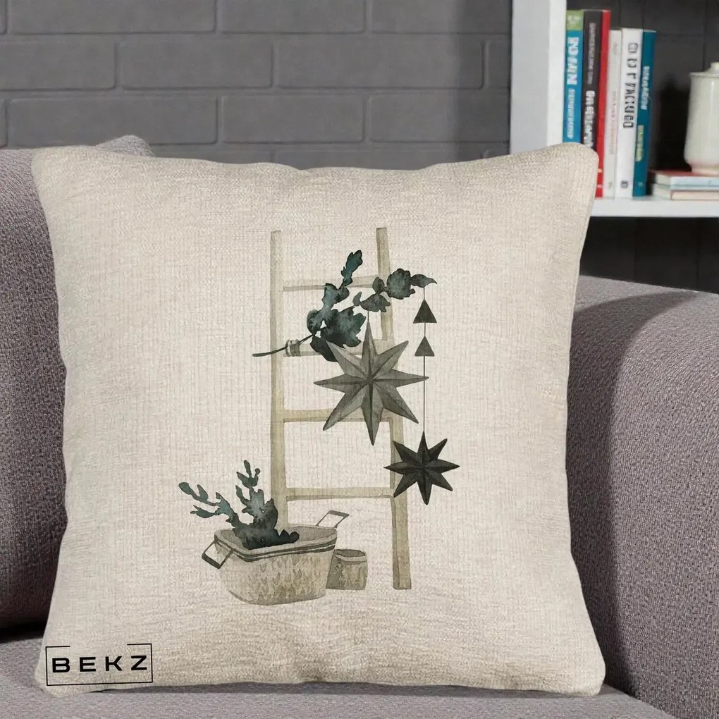 Perna Decorativa Scara Scandinavica cu Stele, 40x40 cm, Bej Canapea, Husa Detasabila, Perna Inclusa, BEKZ®