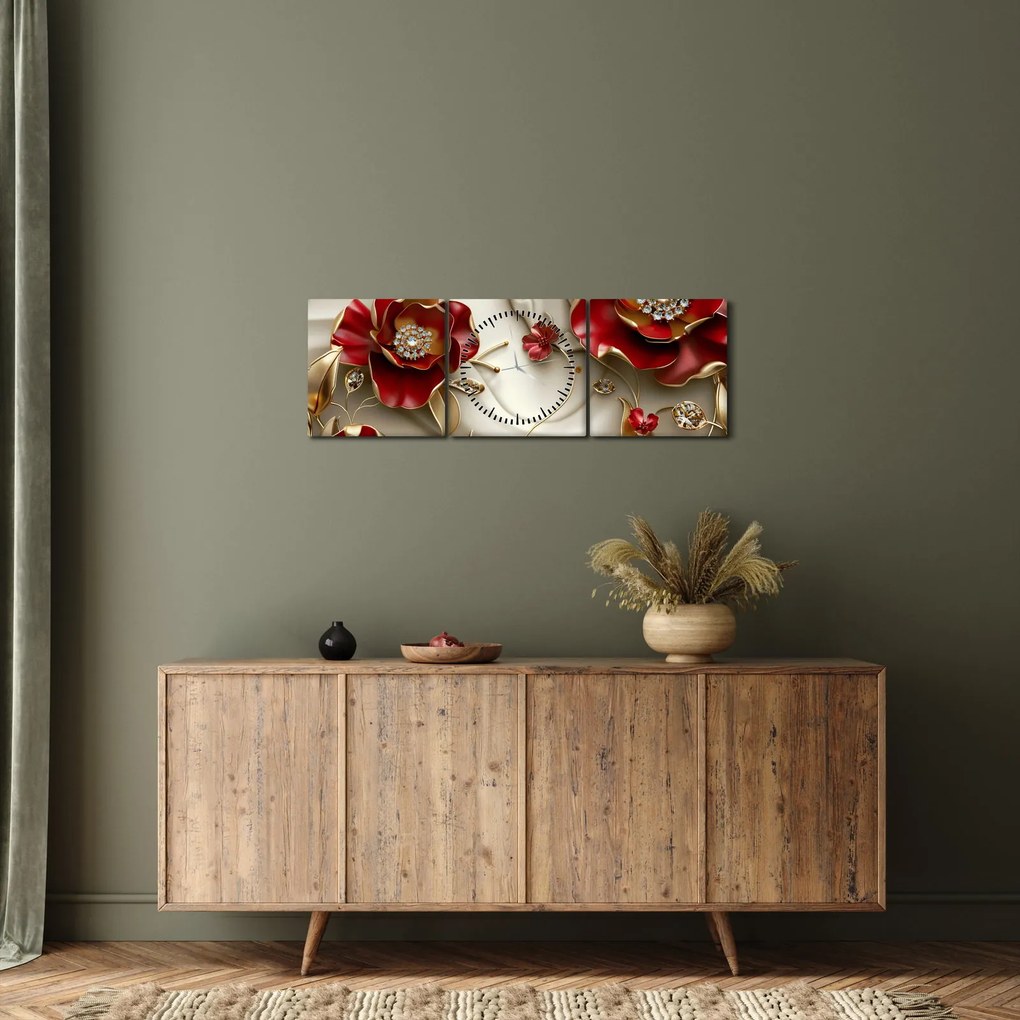 Tablou - Flori 3D Roșu-Auriu (cu ceas) (90x30 cm)