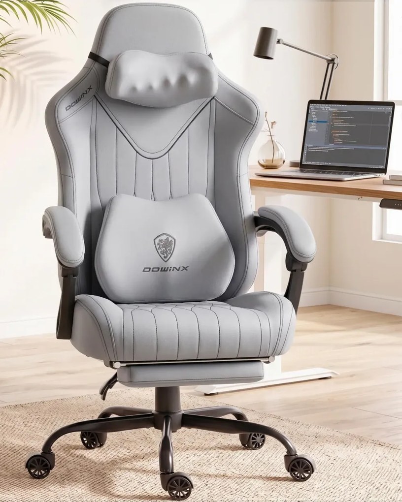 DOWINX 66D59A - Scaun Gaming Ergonomic cu Masaj Shiatsu Cervical cu Încalzire, Masaj lombar, Șezut cu arcuri, Reclinare 90°–145°, Suport picioare, Material respirabil, Gri
