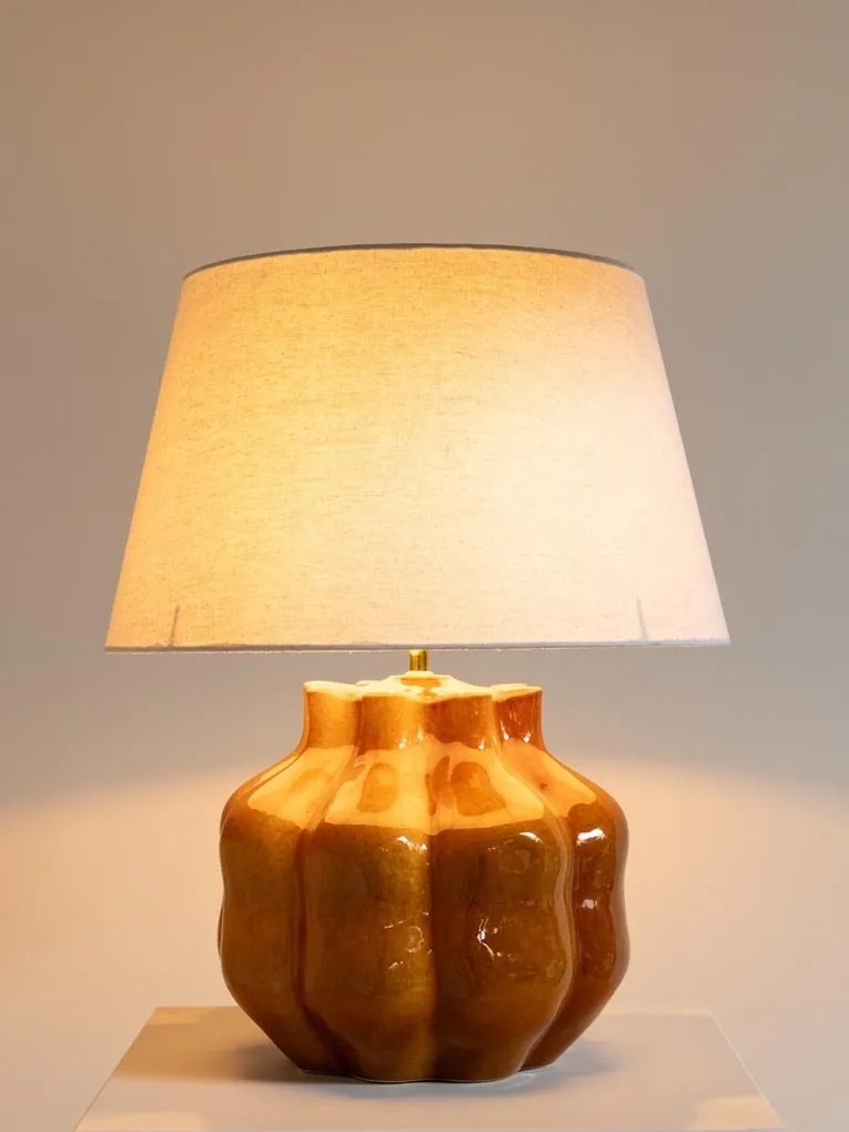 Lampa de masa, din ceramica, portocalie, cu abajur din in si bumbac natural, Fleury
