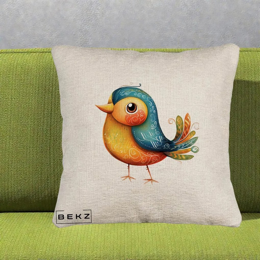 Perna Decorativa Pasare Folk Art Portocalie-Teal, 40x40 cm, Bej Canapea, Husa Detasabila, Perna Inclusa, BEKZ®