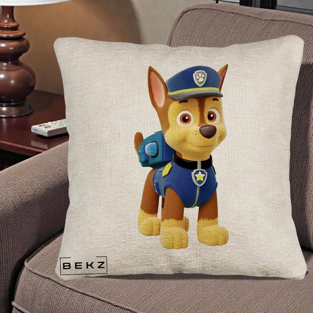 Perna Personalizata Chase PAW Patrol Albastru, 40x40 cm, Bej Canapea, Husa Detasabila, Perna Inclusa, BEKZ®