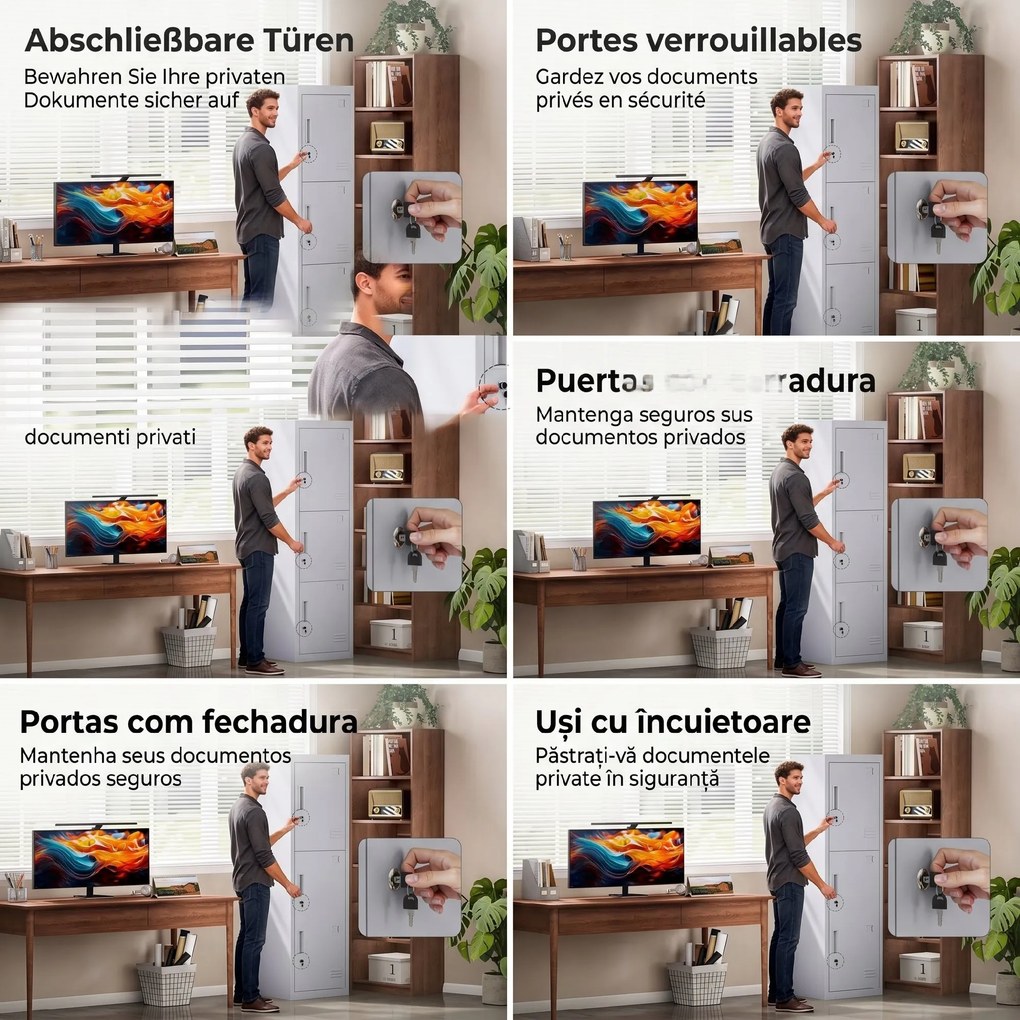 HOMCOM Dulap de birou din oțel cu 3 uși independente cu încuietoare și 2 chei, 45x38x180 cm, gri deschis | Aosom Romania