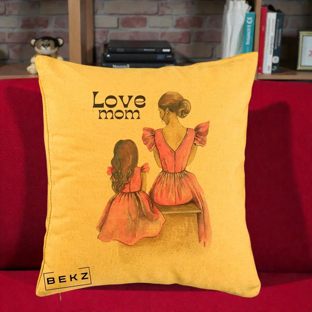 Cadou pentru Mama - Perna Personalizata Love Mom Rochii Roz, 40x40 cm, Galben, Husa Detasabila, Perna Inclusa, BEKZ®