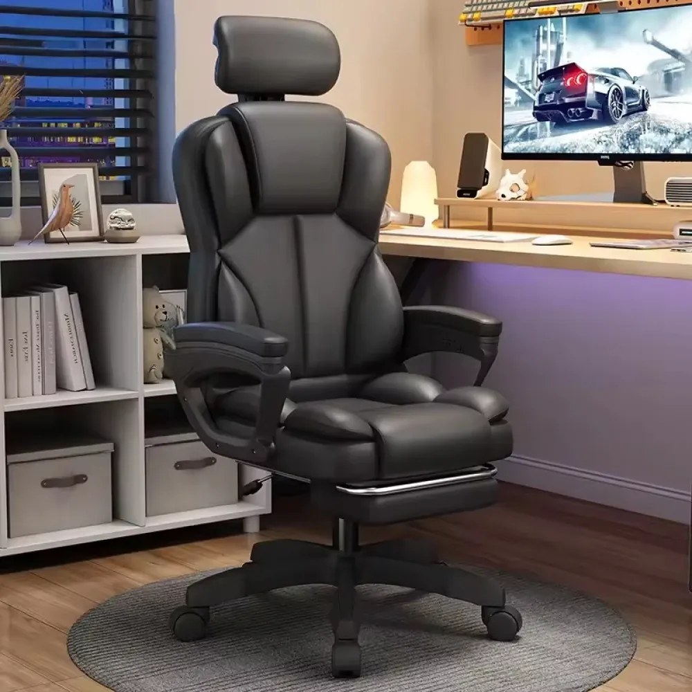 Scaun directorial, spătar înalt, tetiera reglabilă, pivotant 360°, suport picioare, piele PU, Negru