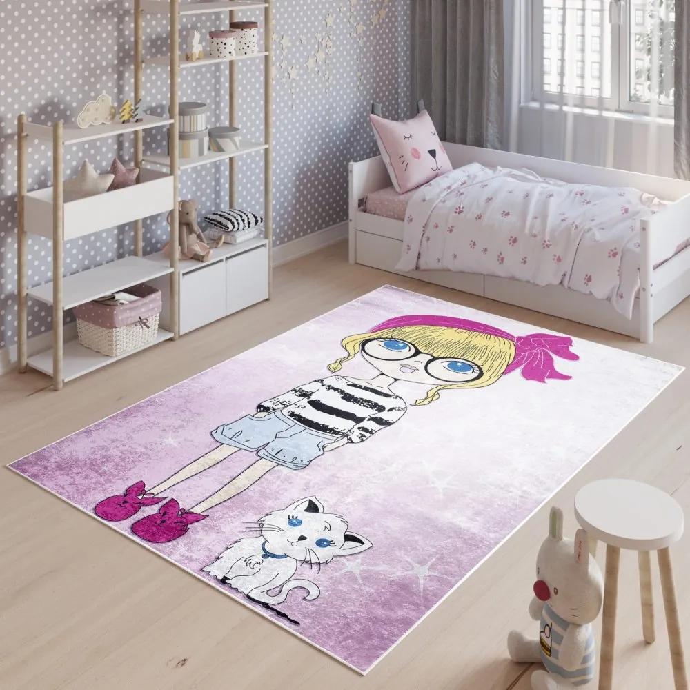 Covor pentru copii pentru camera unei fete cu o tânără doamnă și o pisică Lăţime: 120 cm | Lungime: 170 cm