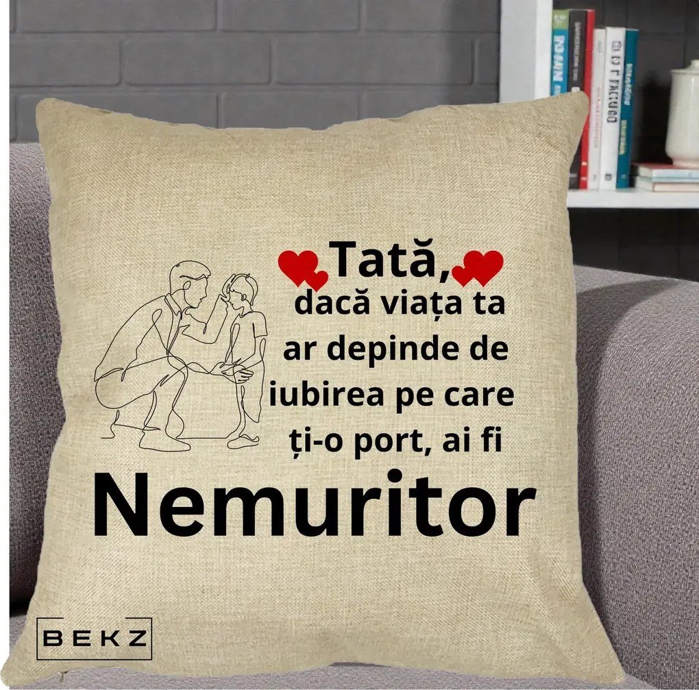 Cadou pentru Tata - Perna Personalizata Tata Nemuritor Baietel, 40x40 cm, Crem, Husa Detasabila, Perna Inclusa, BEKZ®