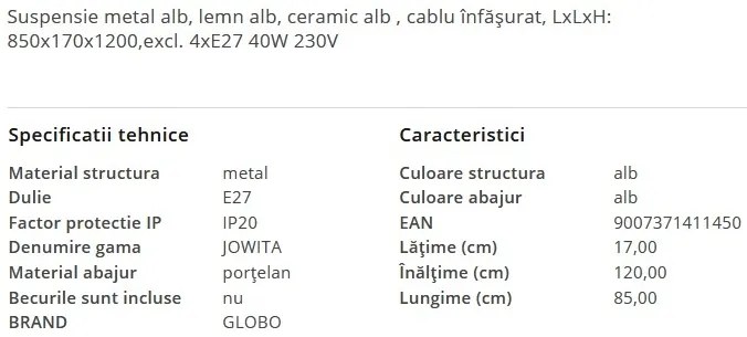 Lustra cu 4 pendule stil industrial JOWITA alb-negru