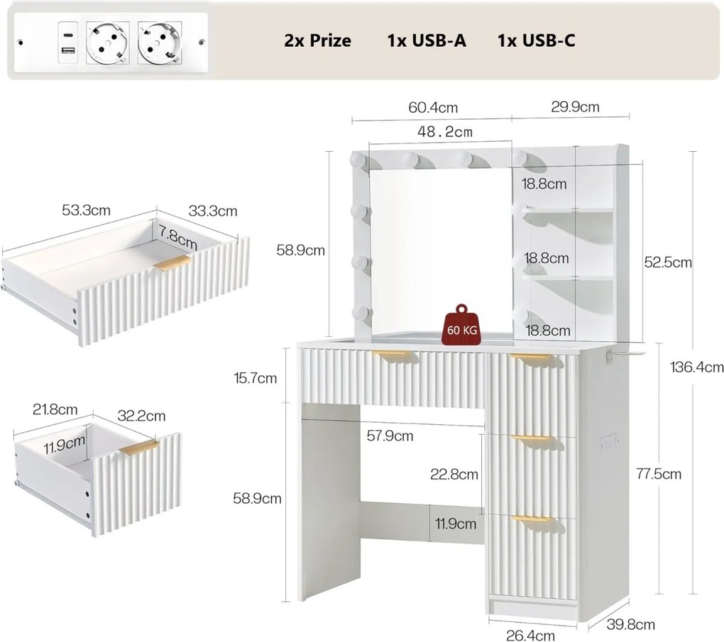 Masuta machiaj 92 cm, Alba sau Maro cu Oglinda LED si 4 Sertare pentru Cosmetice, Set Masa toaleta cu 2 Prize, USB si USB-C, masuta cosmetica, vanity
