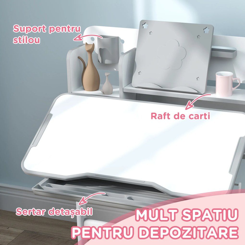 AIYAPLAY Birou Copii 3-12 Ani Reglabile pe Înălțime și Blat Înclinabil la 45°, 80x55x107.5 cm, Gri | Aosom Romania