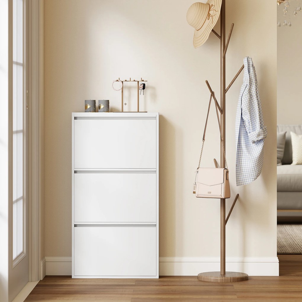 HOMCOM Dulap pantofi metalic cu 3 compartimente rabatabile, dulap îngust, montare pe perete, pentru 6 perechi, Alb | Aosom Romania