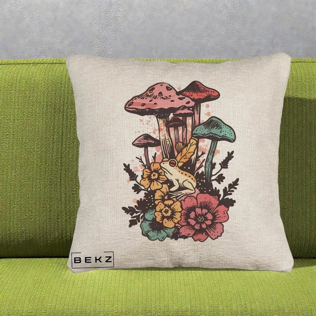 Perna Decorativa Ciuperci si Broaste Boho, 40x40 cm, Bej Canapea, Husa Detasabila, Perna Inclusa, BEKZ®